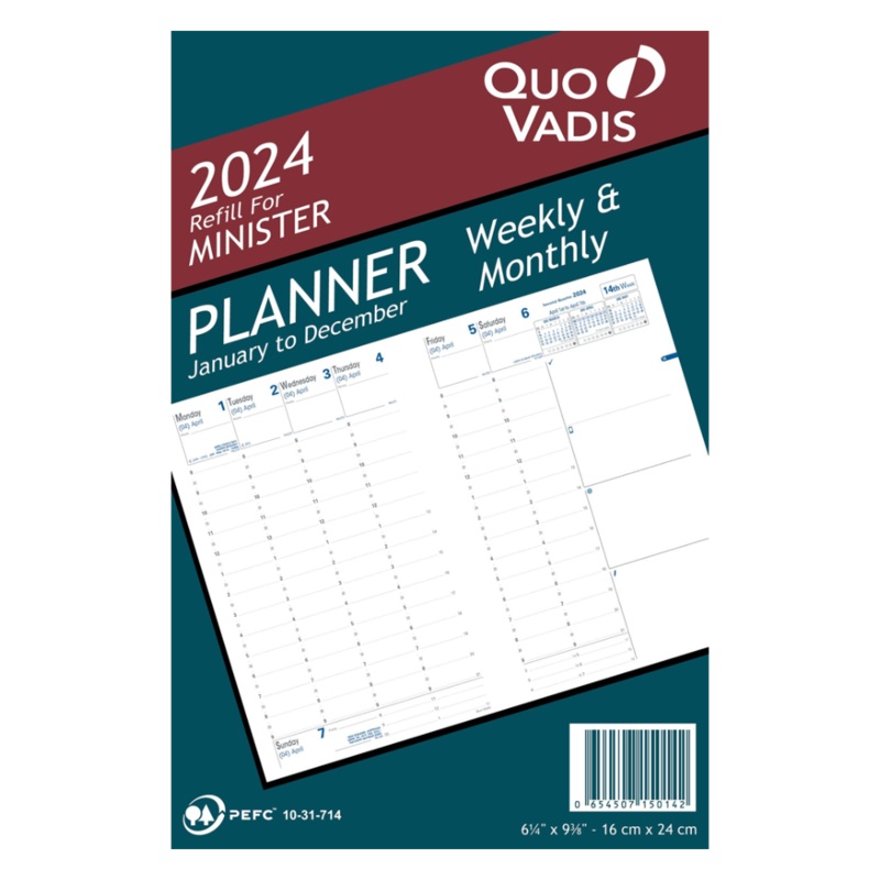 Quo Vadis 2025 Minister Vertical Weekly Planner - Refill Only