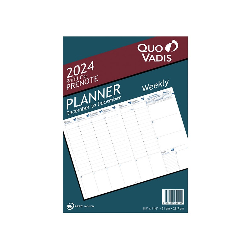 Quo Vadis 2025 Prenote Vertical Weekly Planner with Notes - Refill Only