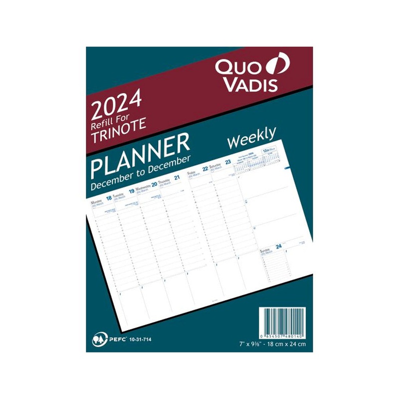 Quo Vadis 2025 Trinote Vertical Weekly Planner with Notes - Refill Only
