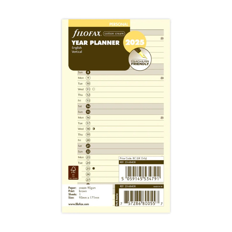Filofax 2025 Personal Vertical Year Planner - Cotton Cream