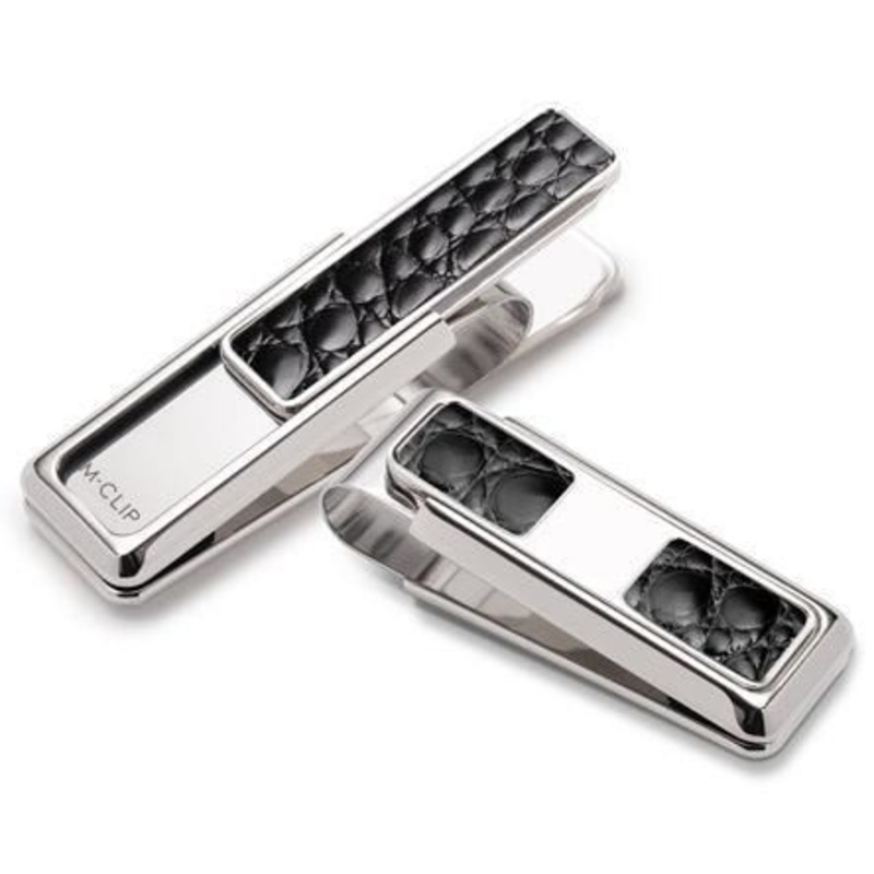M-Clip Rhodium w/Black Alligator 2 Pocket Money Clip